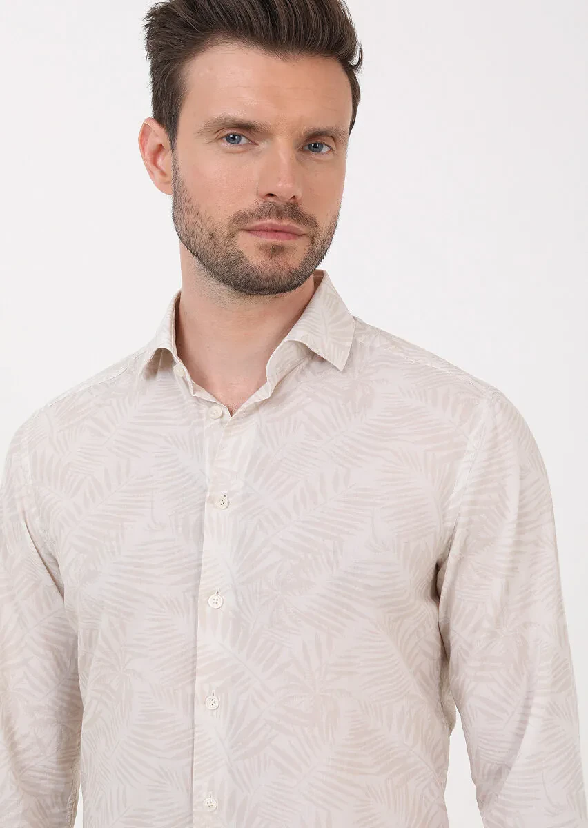 Beige Printed Slim Fit Weaving Casual 100% Cotton Shirt - 2