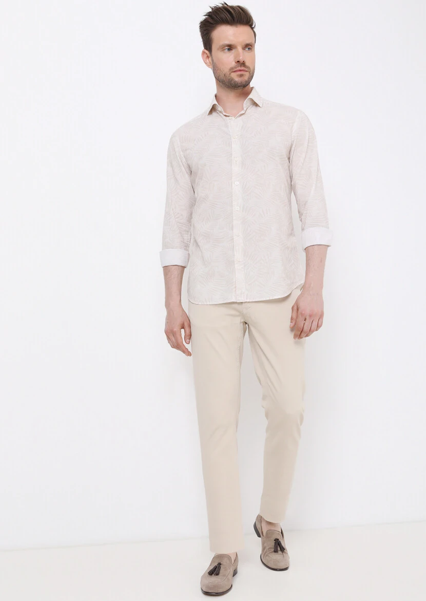 Beige Printed Slim Fit Weaving Casual 100% Cotton Shirt - 4