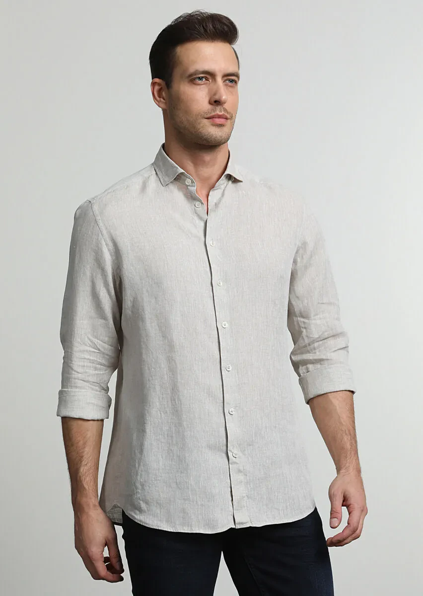 Beige Printed Slim Fit Weaving Casual 100% Linen Shirt - 1