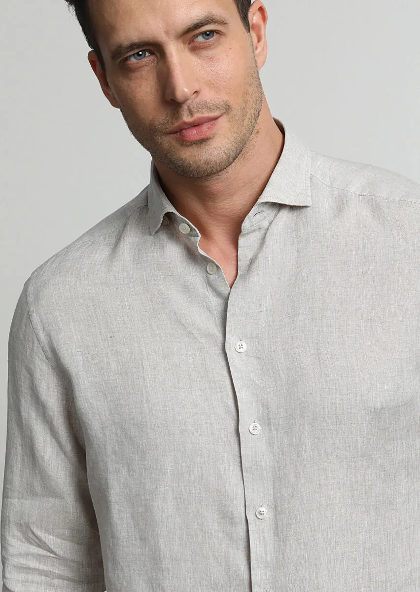 Beige Printed Slim Fit Weaving Casual 100% Linen Shirt - 2