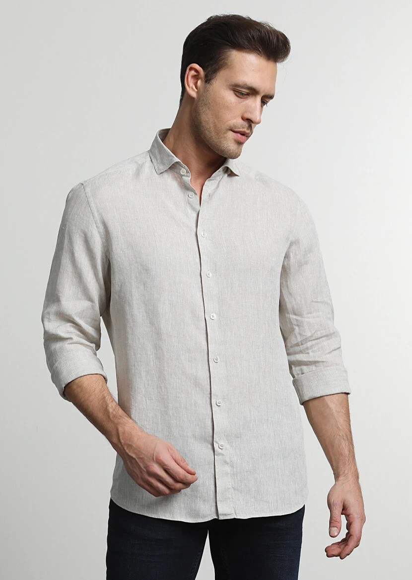 Beige Printed Slim Fit Weaving Casual 100% Linen Shirt - 3