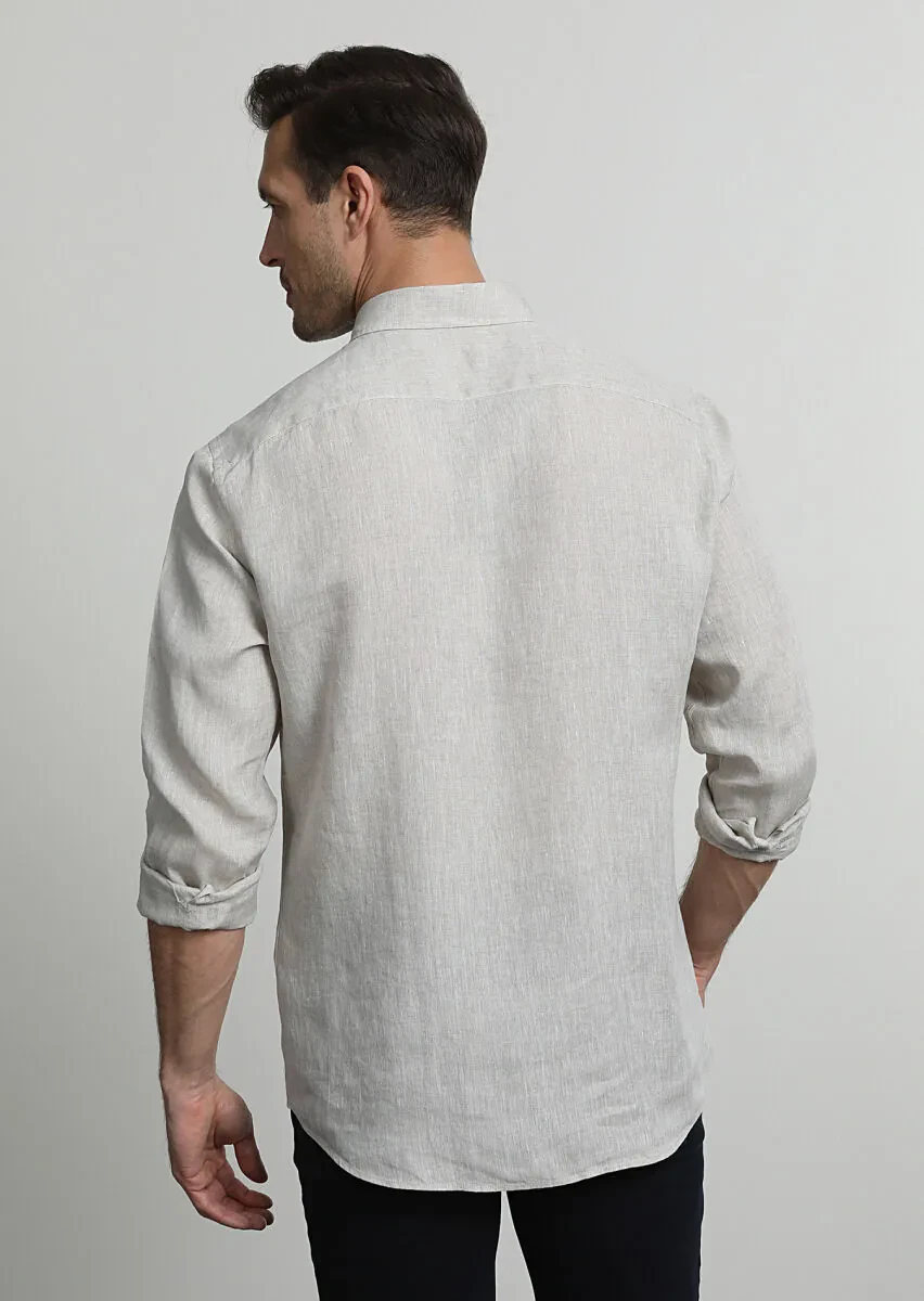 Beige Printed Slim Fit Weaving Casual 100% Linen Shirt - 4