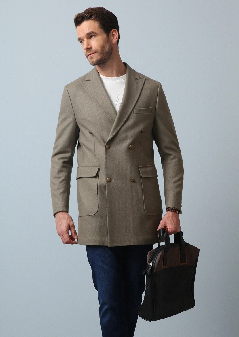 Beige Regular Fit Double Breasted Collar Casual Weaving Overcoat - 1