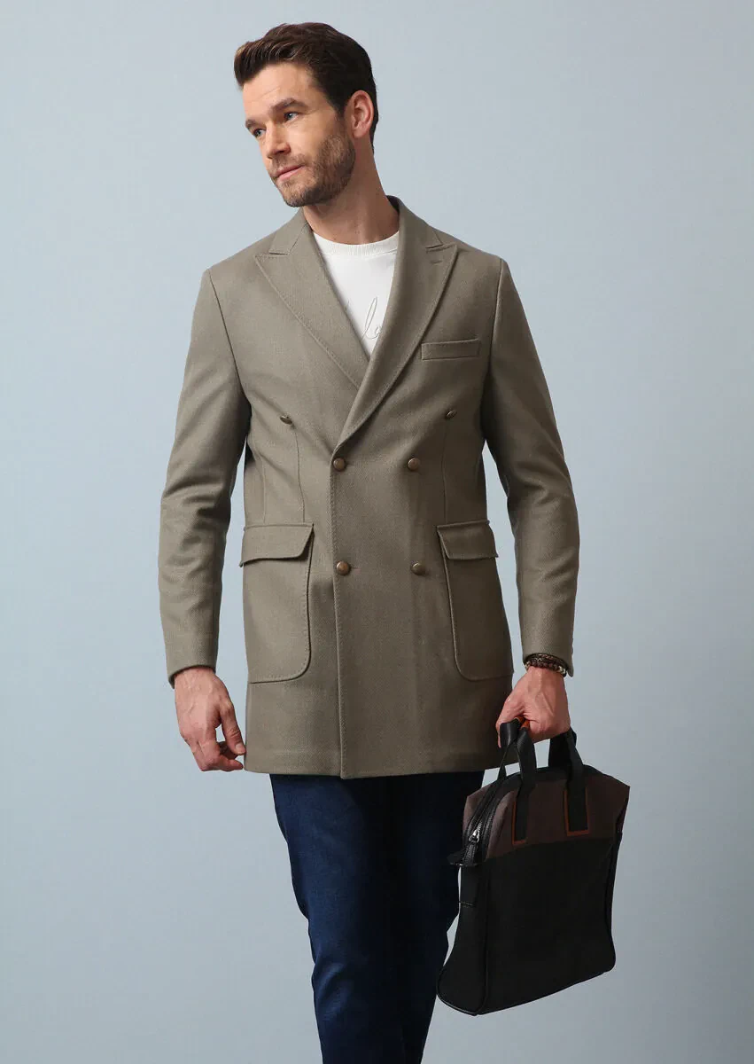 Beige Regular Fit Double Breasted Collar Casual Weaving Overcoat - 1