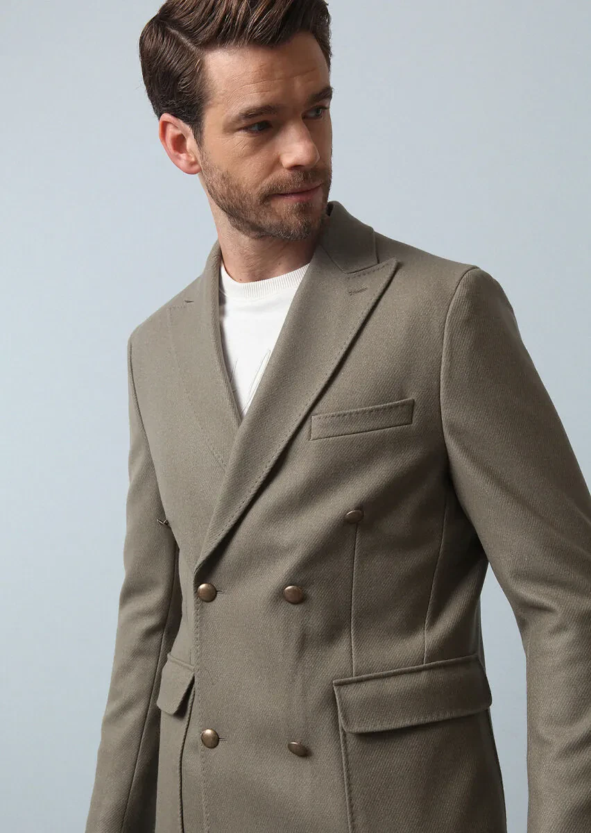 Beige Regular Fit Double Breasted Collar Casual Weaving Overcoat - 3