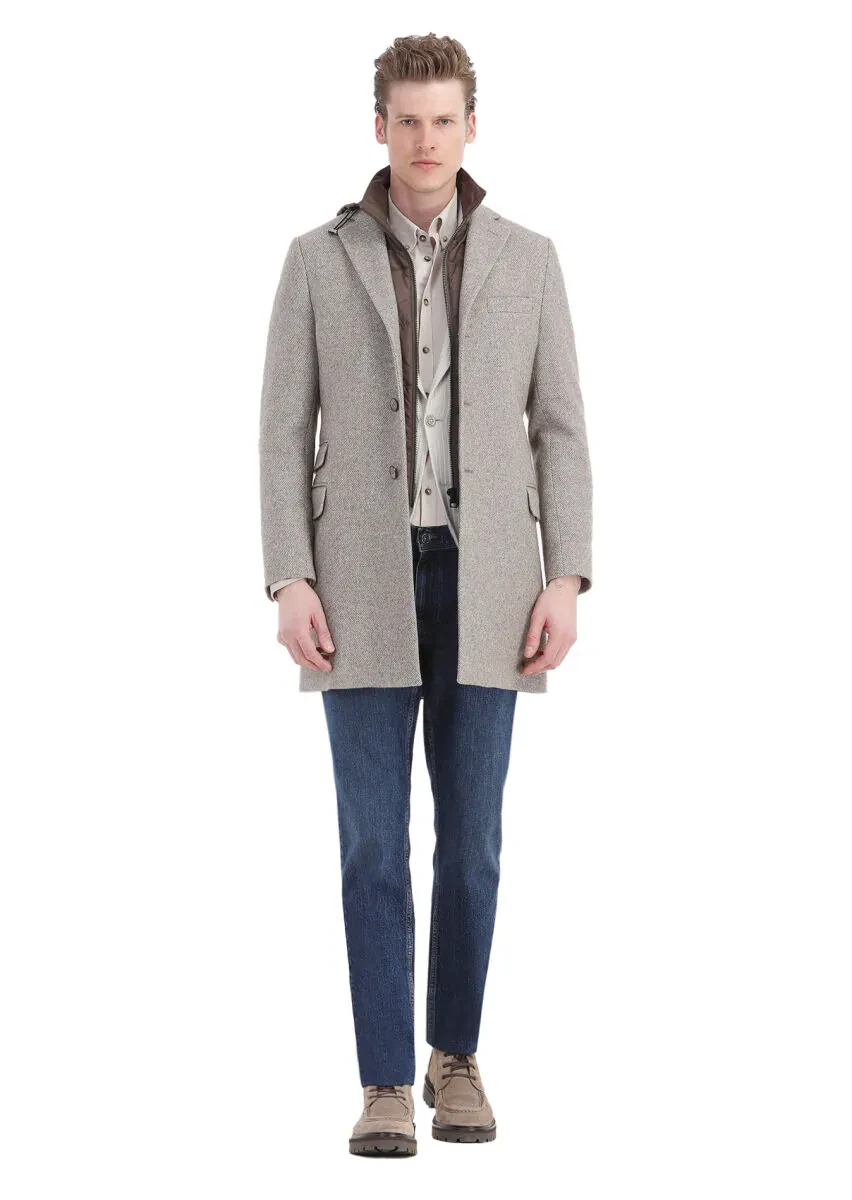 Beige Regular Fit Hidden Hood Casual Knitting Overcoat - 2