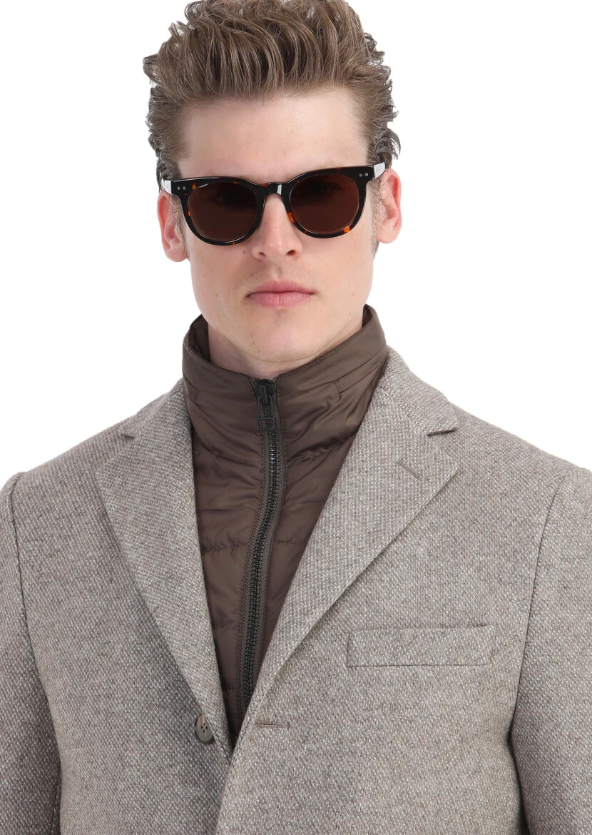 Beige Regular Fit Hidden Hood Casual Knitting Overcoat - 4