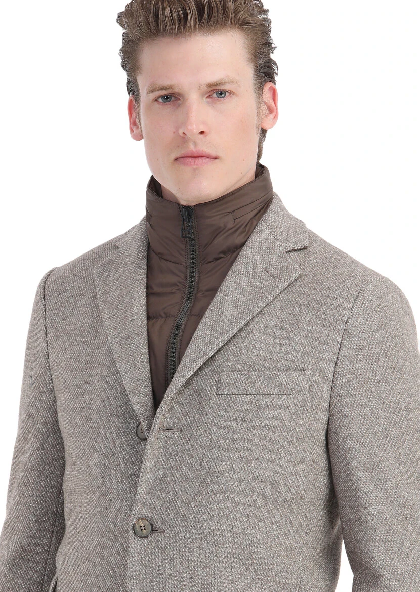 Beige Regular Fit Hidden Hood Casual Knitting Overcoat - 5