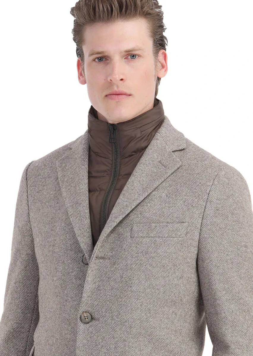 Beige Regular Fit Hidden Hood Casual Knitting Overcoat - 5