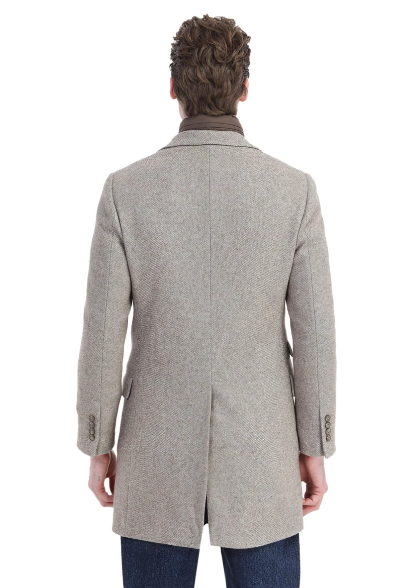 Beige Regular Fit Hidden Hood Casual Knitting Overcoat - 7