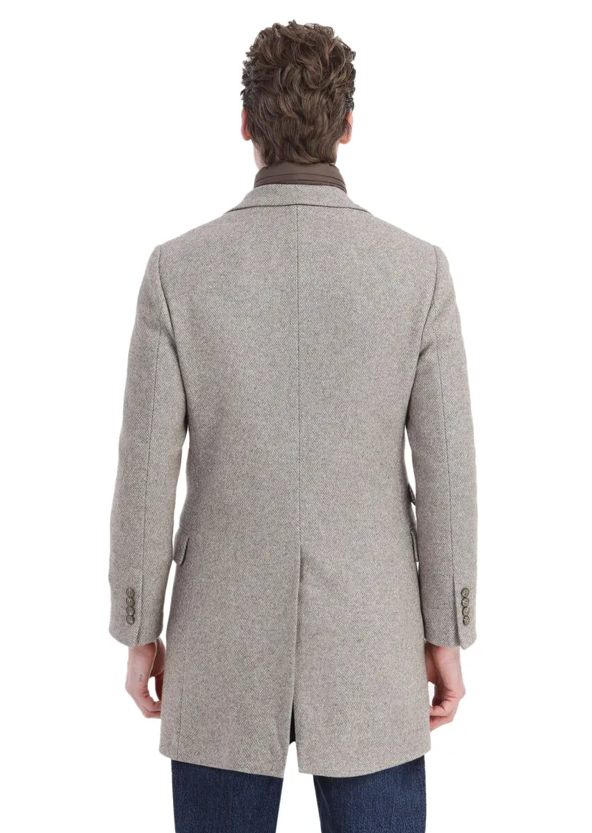 Beige Regular Fit Hidden Hood Casual Knitting Overcoat - 7