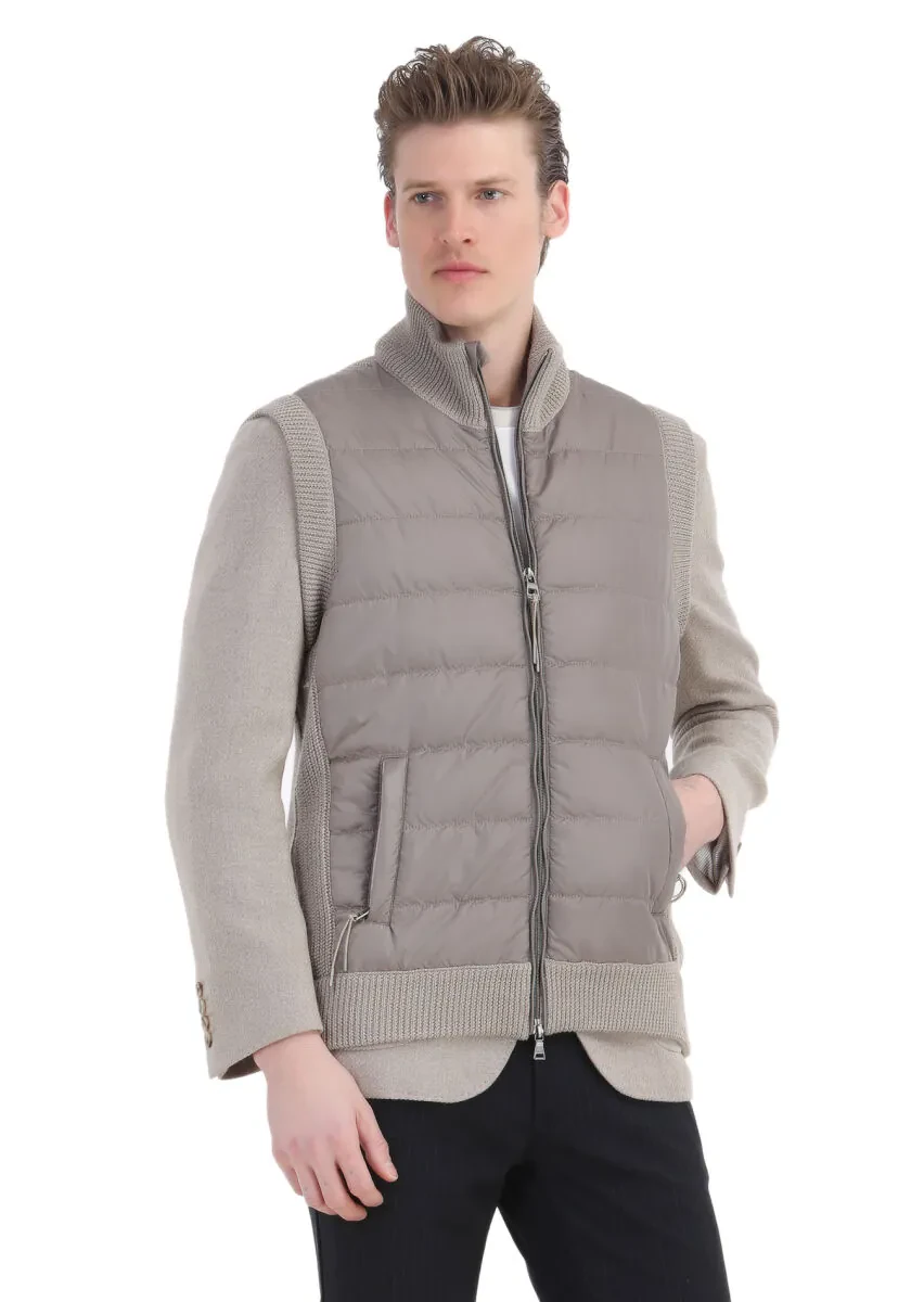 Beige Regular Fit Mock-Turtleneck Casual Knitting Knit Vest - 1