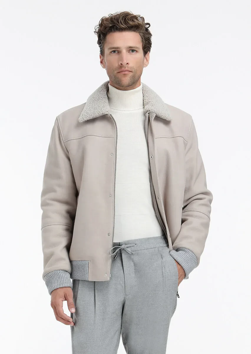 Beige Regular Fit Round Collar Casual Suede Leather Coat - 1