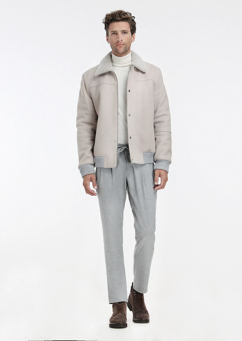 Beige Regular Fit Round Collar Casual Suede Leather Coat - 2