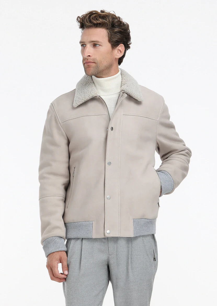 Beige Regular Fit Round Collar Casual Suede Leather Coat - 3