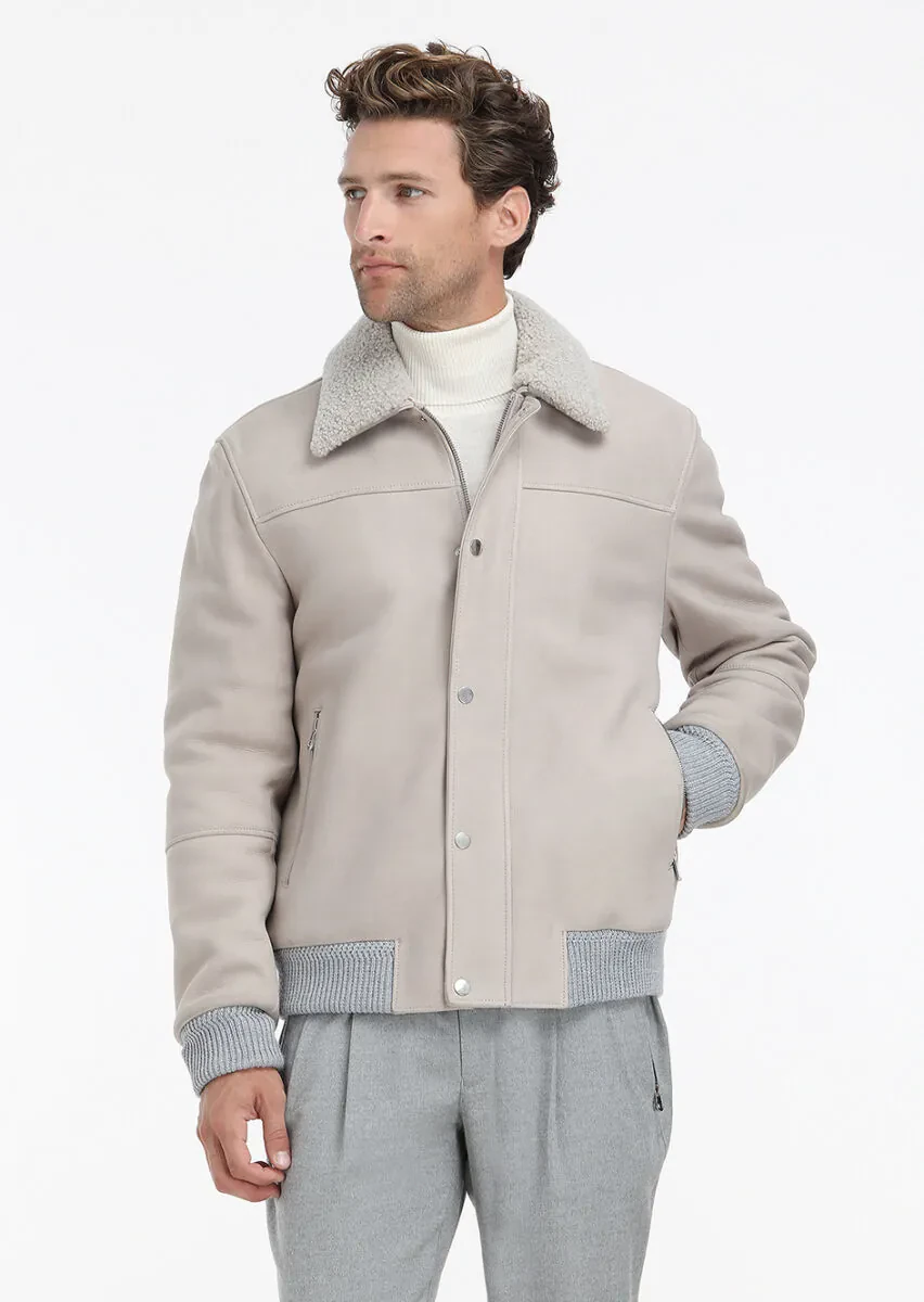 Beige Regular Fit Round Collar Casual Suede Leather Coat - 3