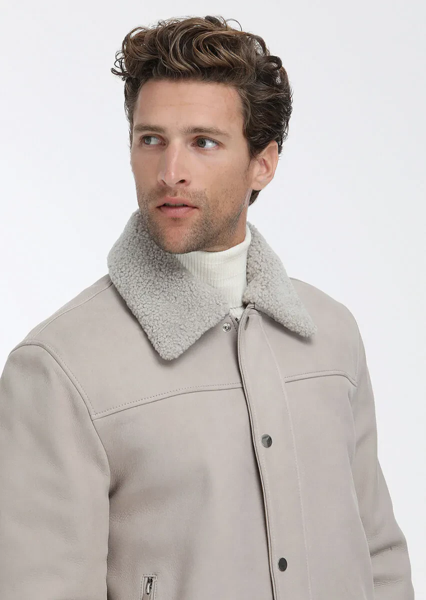 Beige Regular Fit Round Collar Casual Suede Leather Coat - 4