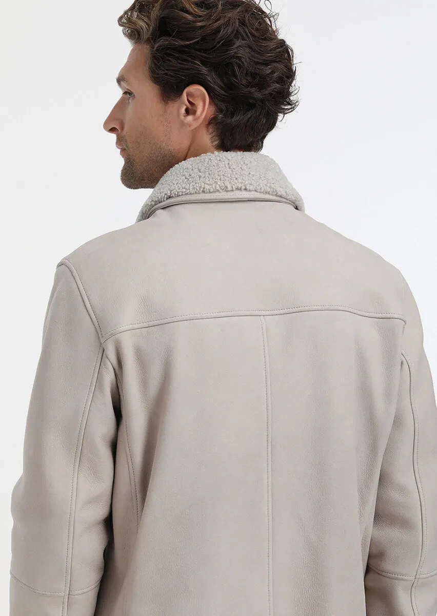 Beige Regular Fit Round Collar Casual Suede Leather Coat - 6