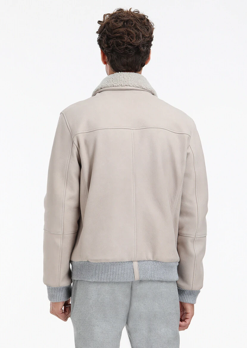 Beige Regular Fit Round Collar Casual Suede Leather Coat - 8