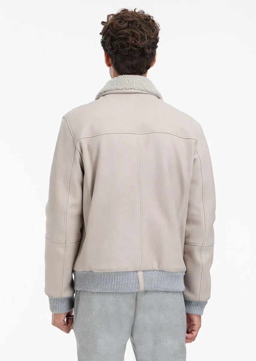 Beige Regular Fit Round Collar Casual Suede Leather Coat - 8