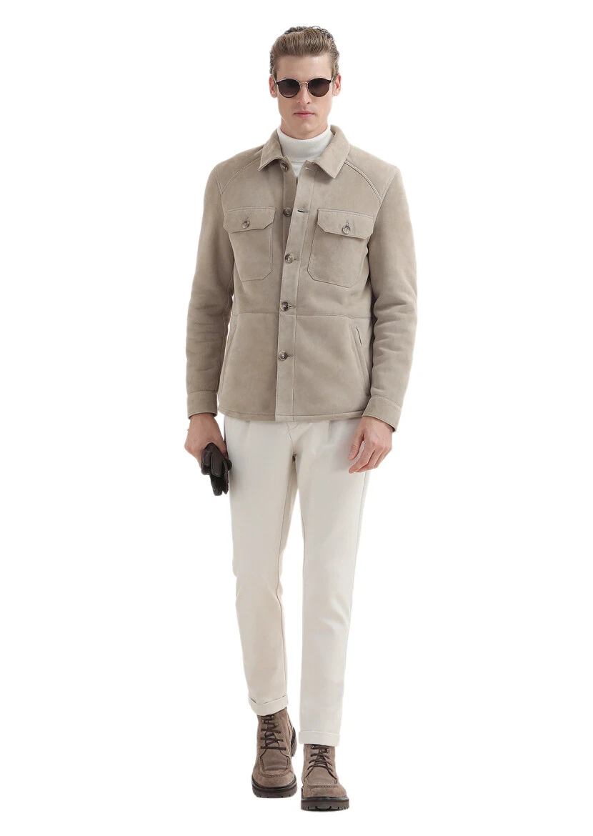 Beige Regular Fit Shirt Collar Casual Fur Leather Coat - RAMSEY