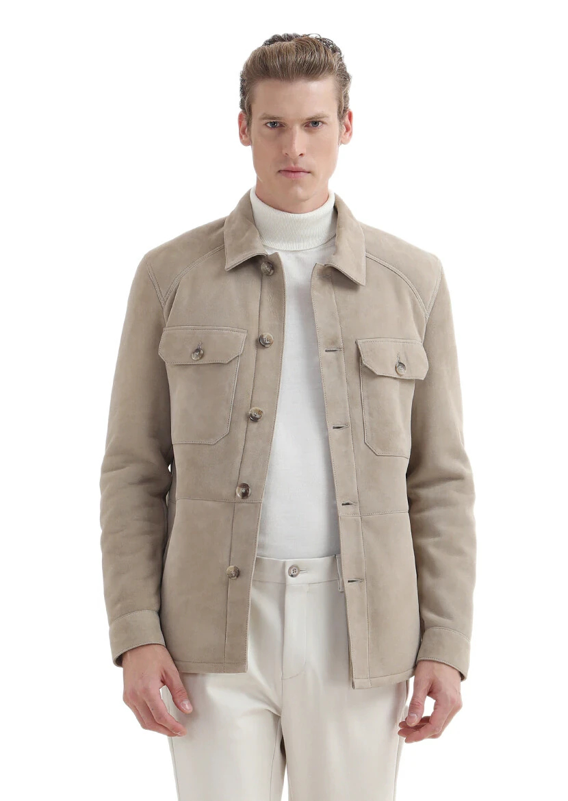 Beige Regular Fit Shirt Collar Casual Fur Leather Coat - RAMSEY