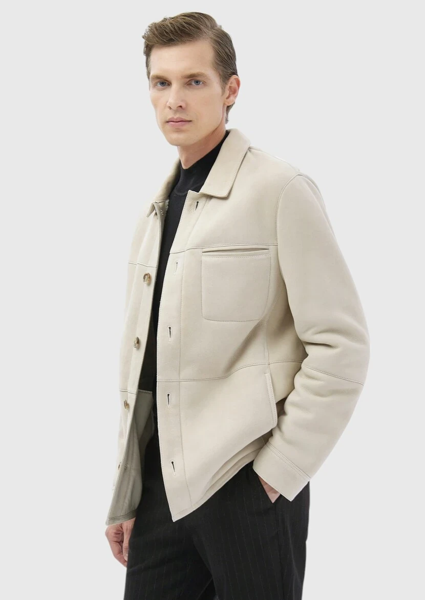 Beige Regular Fit Shirt Collar Casual Fur Leather Coat - RAMSEY