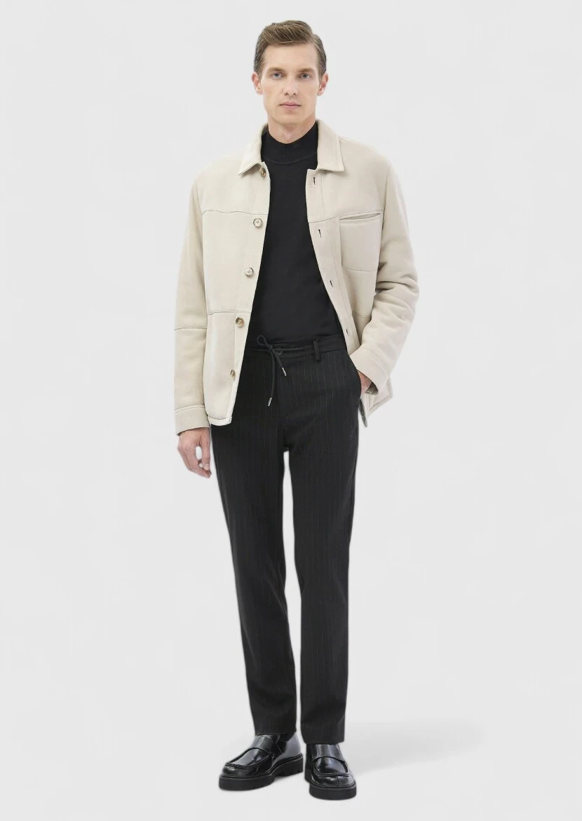 Beige Regular Fit Shirt Collar Casual Fur Leather Coat - RAMSEY