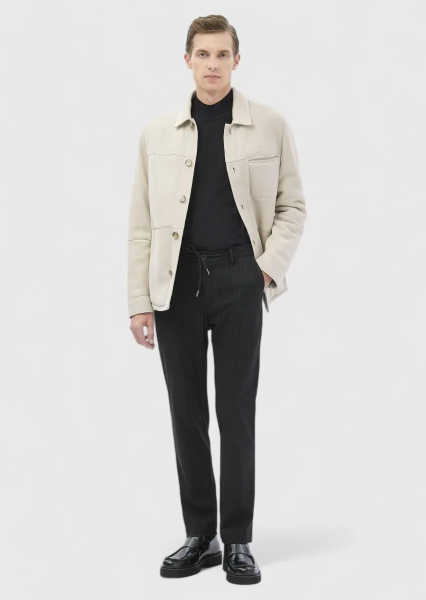 Beige Regular Fit Shirt Collar Casual Fur Leather Coat - 2