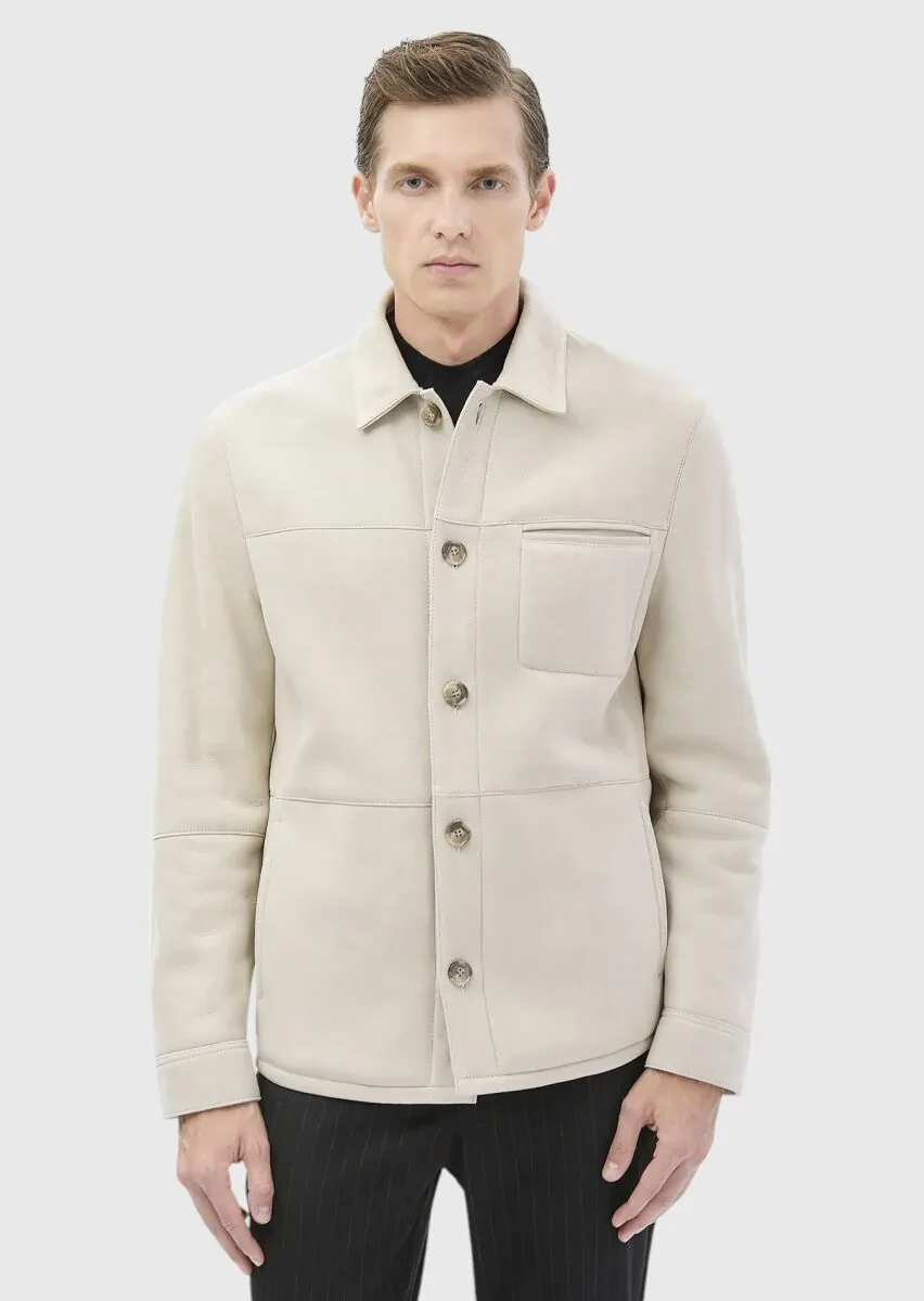 Beige Regular Fit Shirt Collar Casual Fur Leather Coat - 3