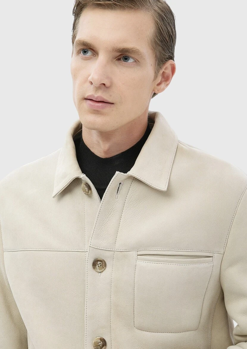 Beige Regular Fit Shirt Collar Casual Fur Leather Coat - 5