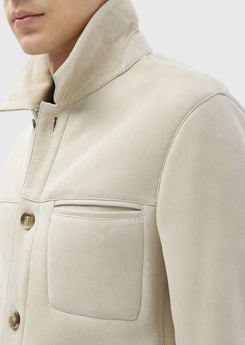 Beige Regular Fit Shirt Collar Casual Fur Leather Coat - 6