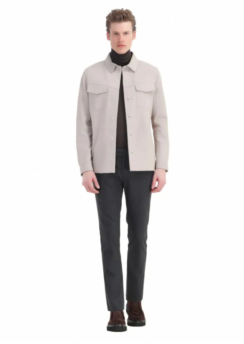 Beige Regular Fit Shirt Collar Casual Suede Leather Coat - 2