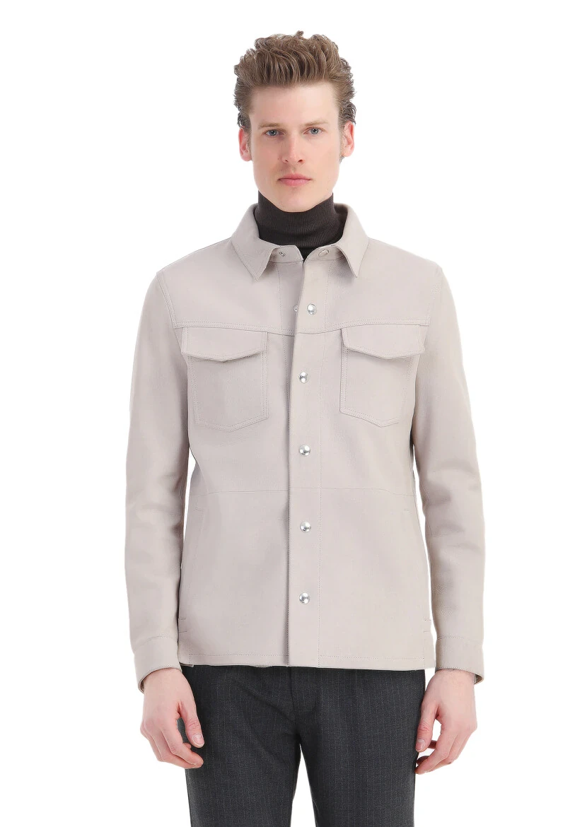 Beige Regular Fit Shirt Collar Casual Suede Leather Coat - 3