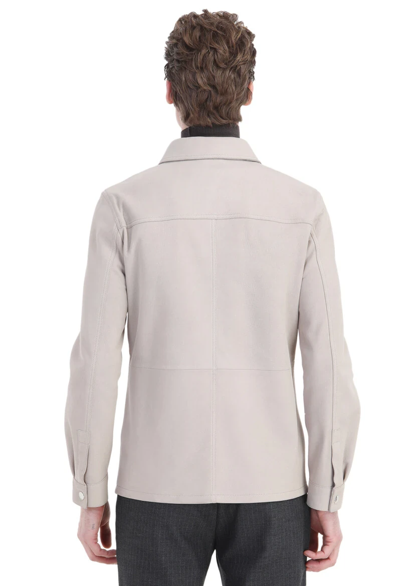 Beige Regular Fit Shirt Collar Casual Suede Leather Coat - 5