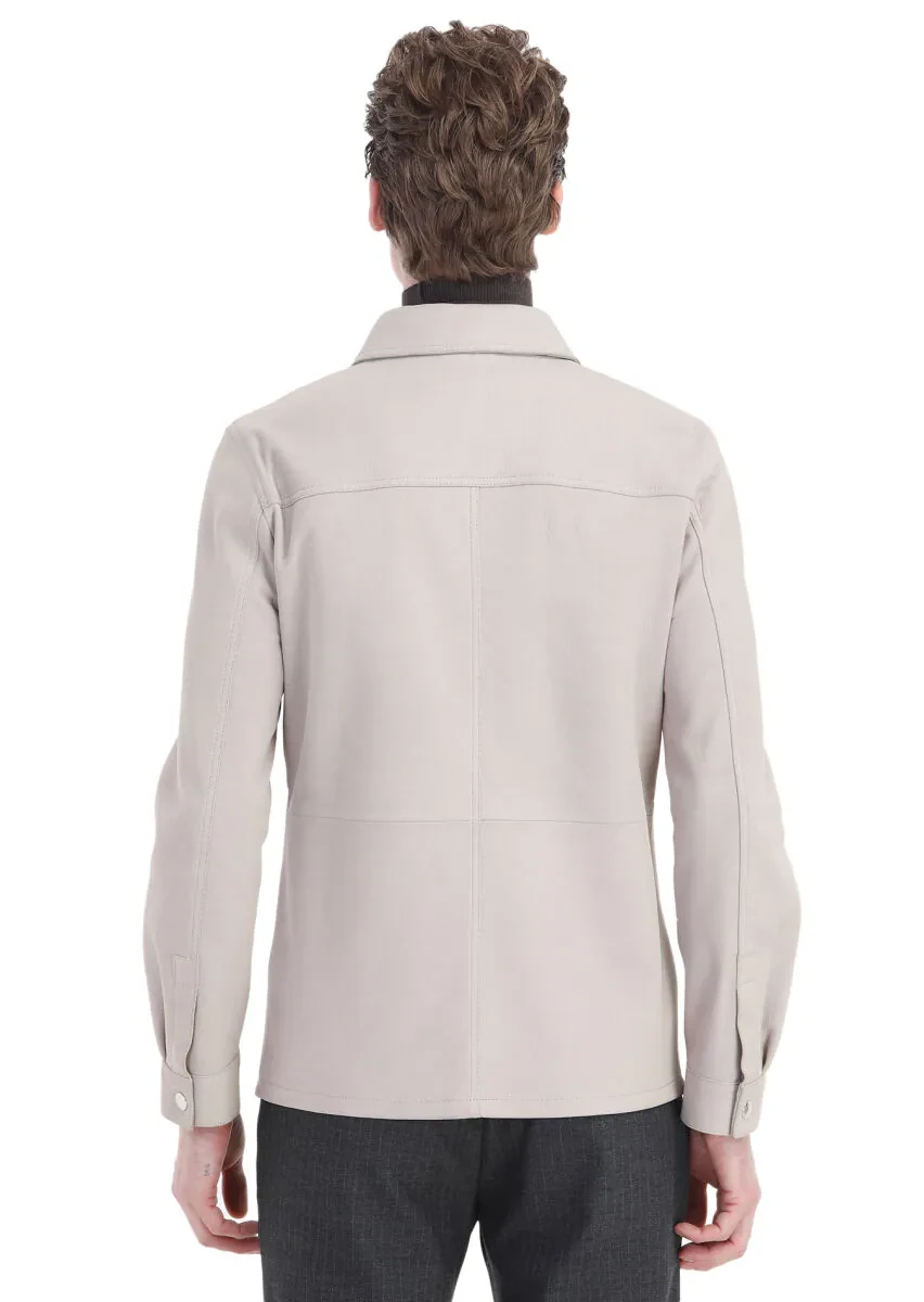 Beige Regular Fit Shirt Collar Casual Suede Leather Coat - 5