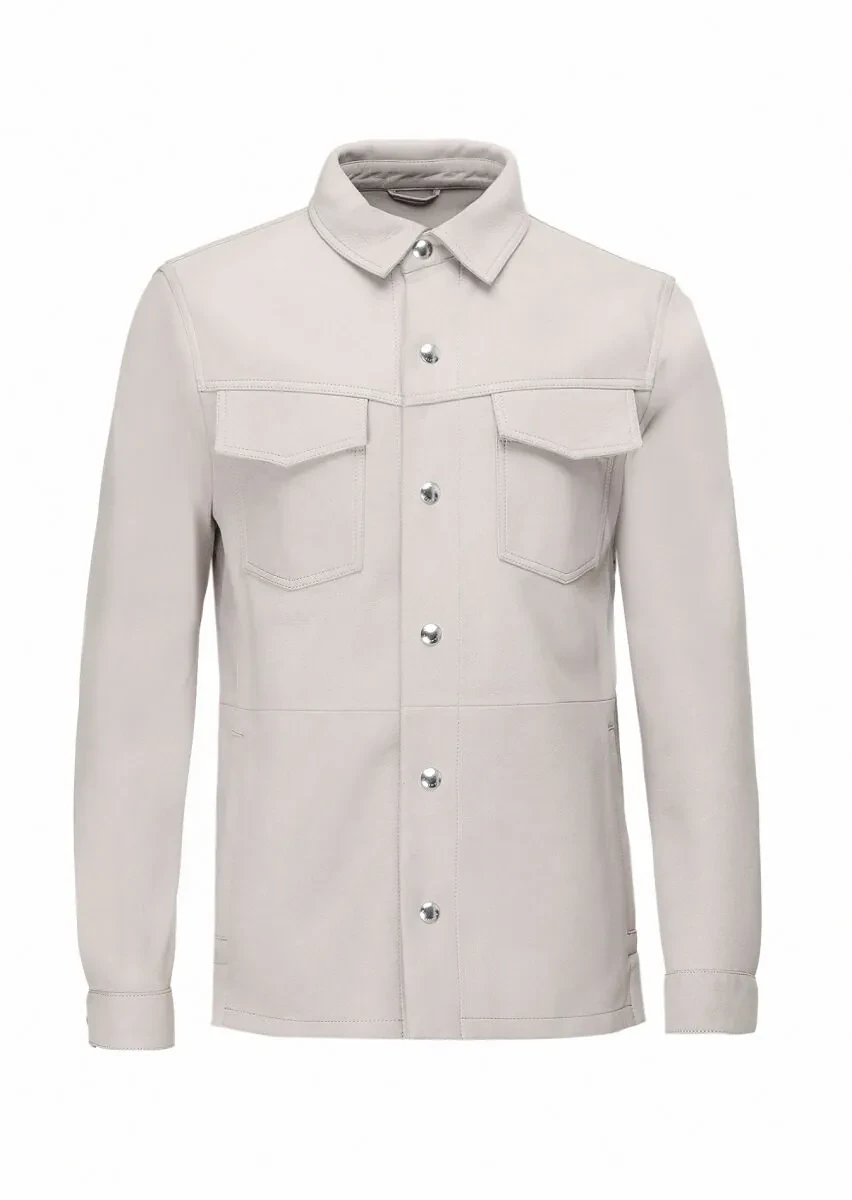 Beige Regular Fit Shirt Collar Casual Suede Leather Coat - 6