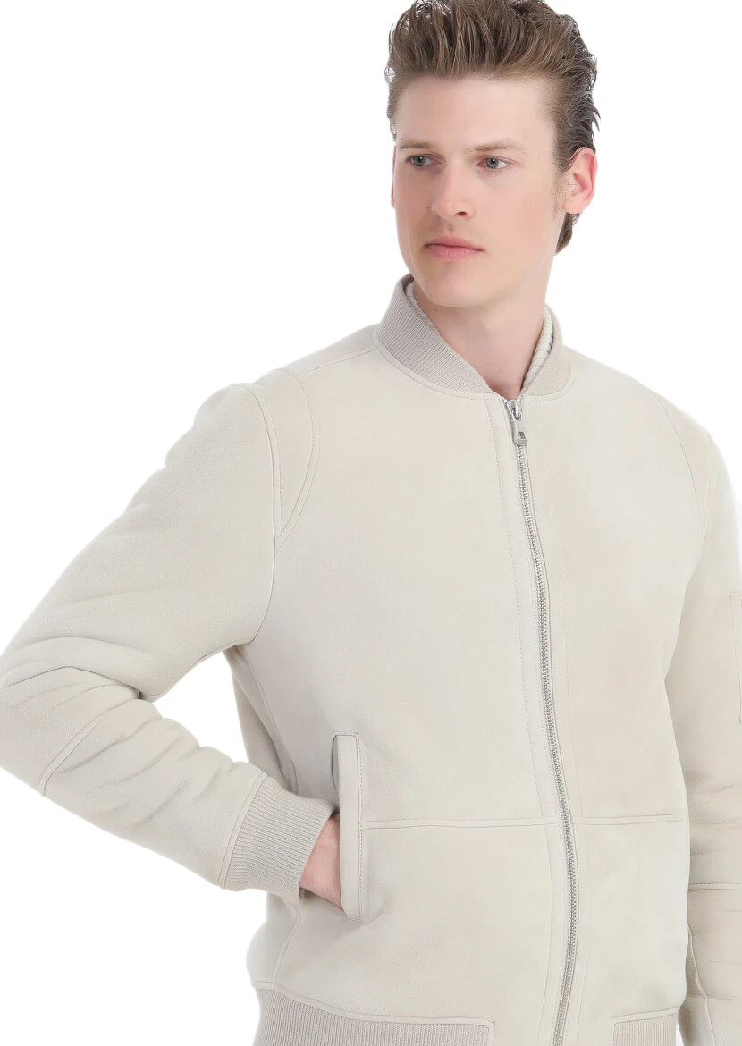 Beige Regular Fit Turtleneck Casual Fur Leather Coat - 4