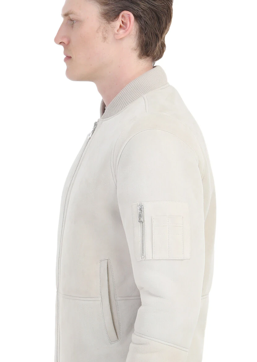 Beige Regular Fit Turtleneck Casual Fur Leather Coat - 5