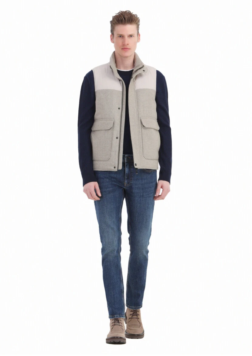 Beige Regular Fit Turtleneck Casual Weaving Puffer Vest - RAMSEY