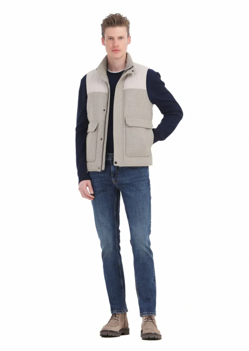 Beige Regular Fit Turtleneck Casual Weaving Puffer Vest - 3