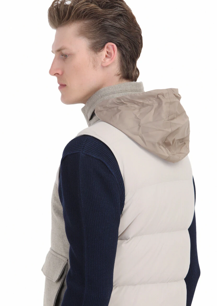 Beige Regular Fit Turtleneck Casual Weaving Puffer Vest - 5