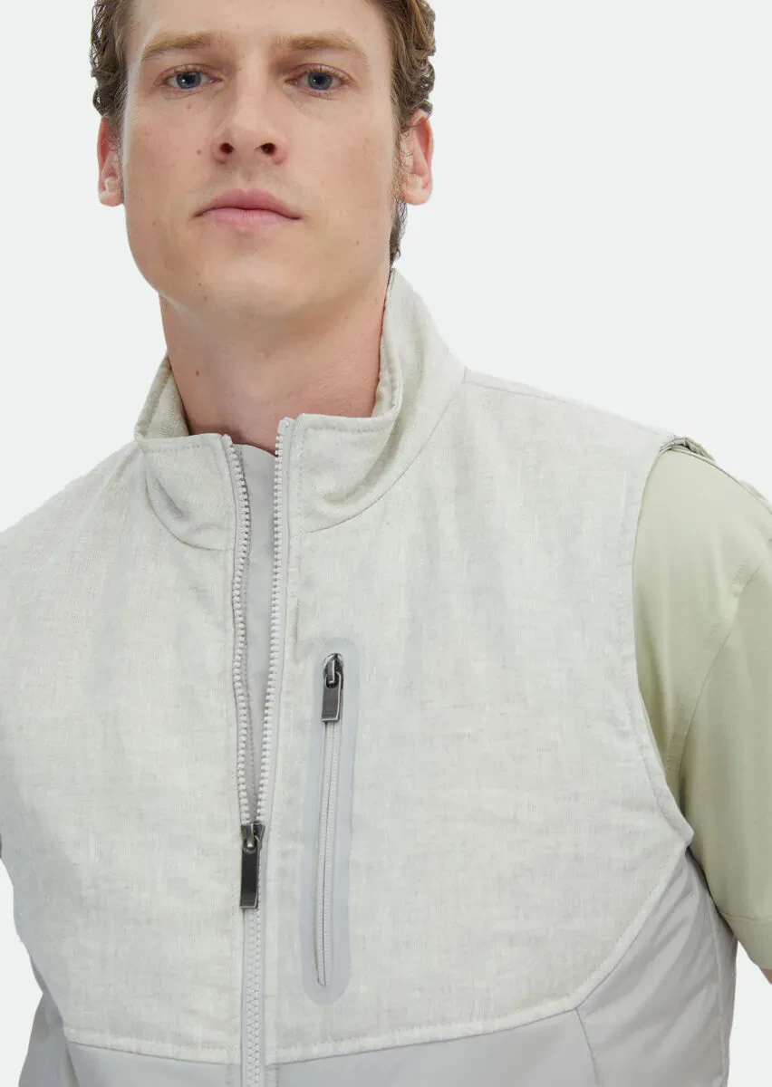 Beige Regular Fit Turtleneck Casual Weaving Puffer Vest - 4