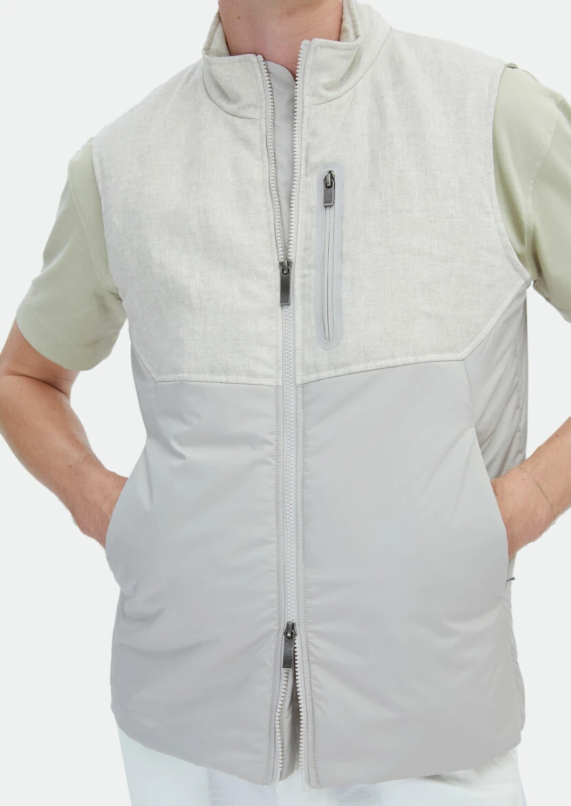 Beige Regular Fit Turtleneck Casual Weaving Puffer Vest - 5