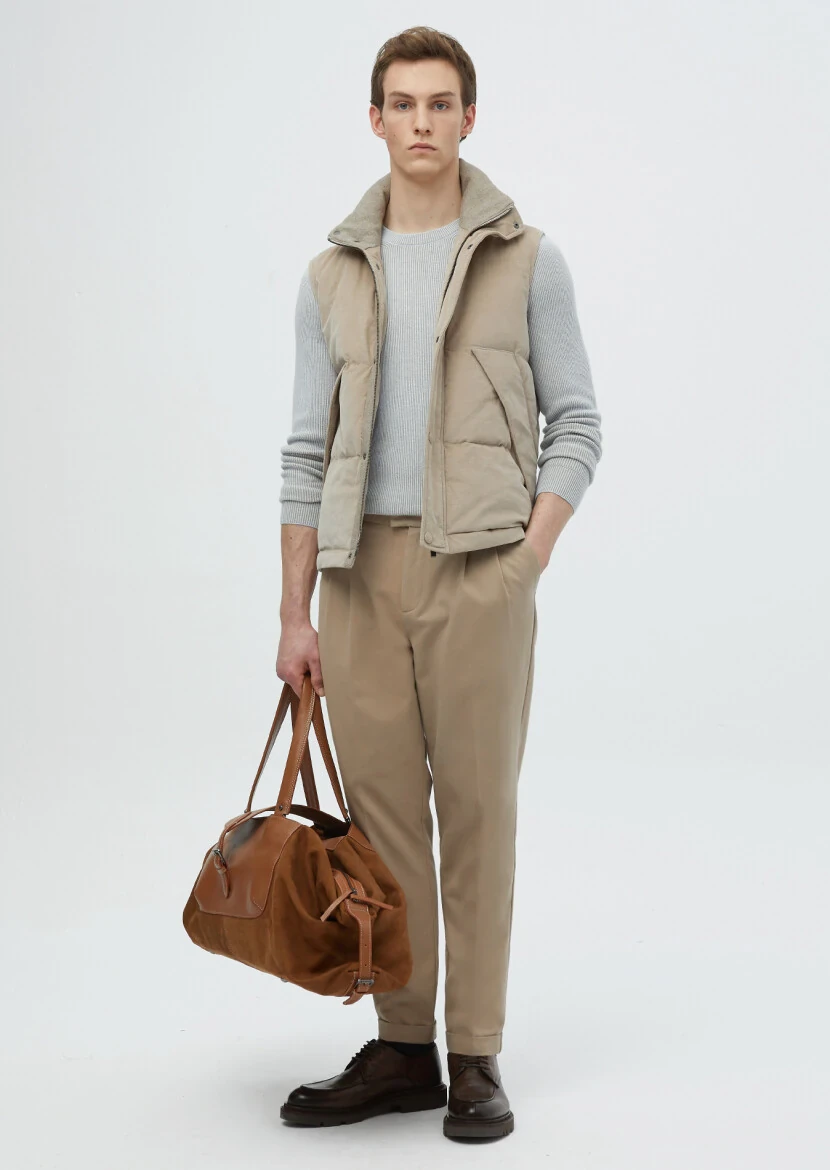 Beige Regular Fit Turtleneck Casual Weaving Puffer Vest - RAMSEY