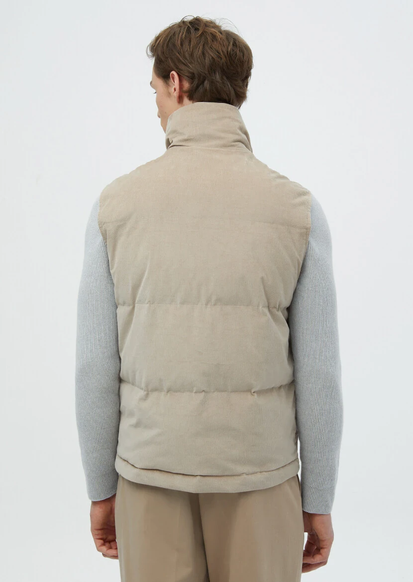 Beige Regular Fit Turtleneck Casual Weaving Puffer Vest - 6