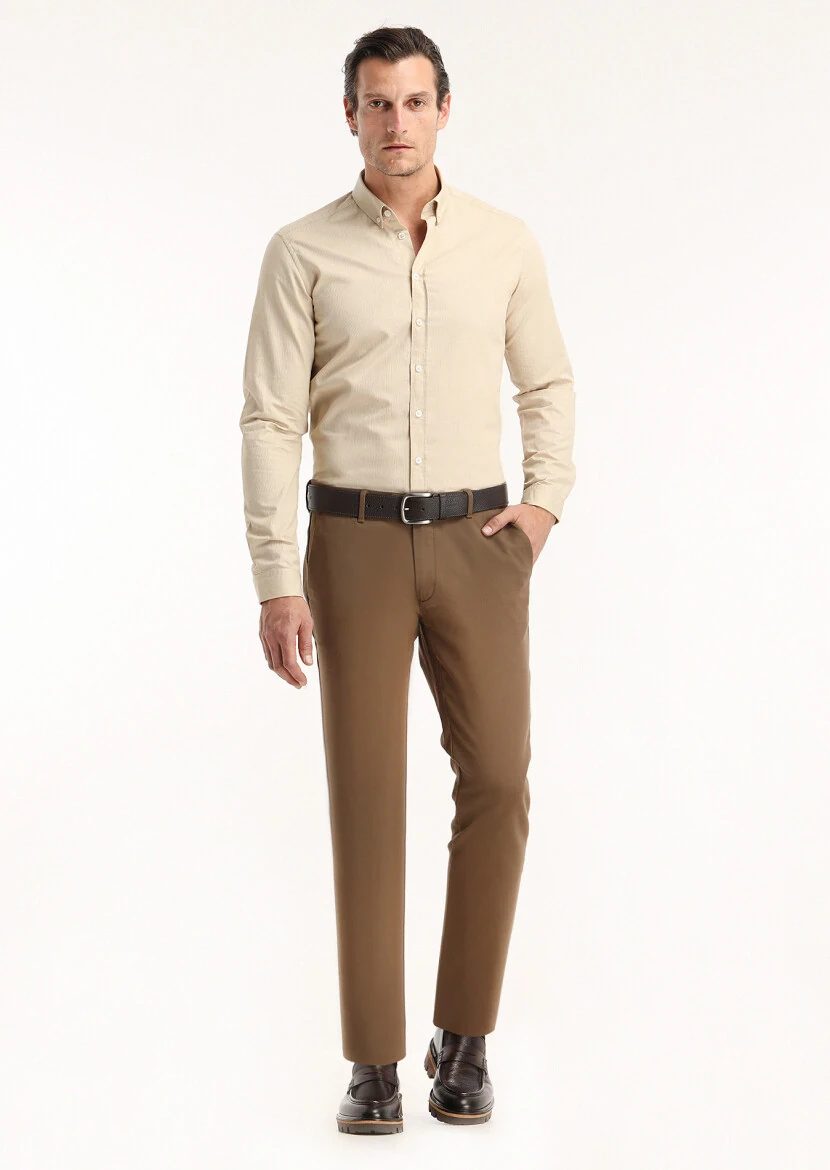 Beige Ribbed Regular Fit Weaving Casual 100% Cotton Shirt - 1