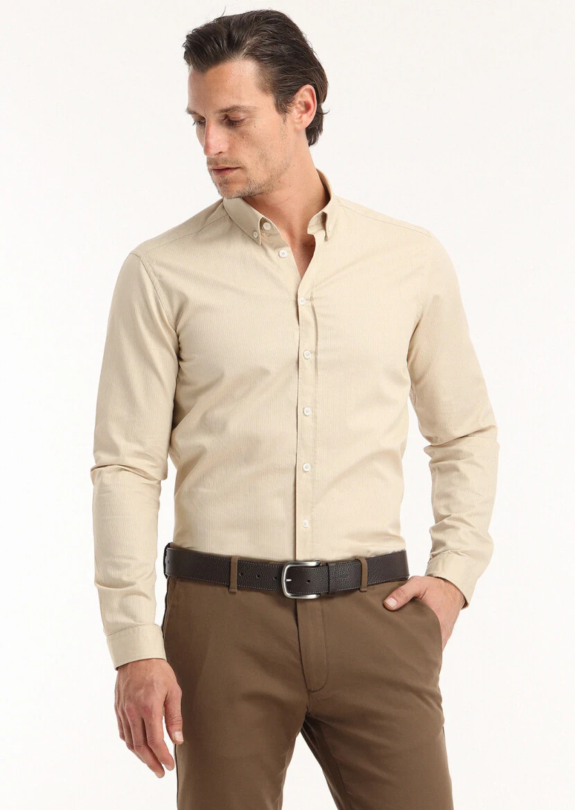 Beige Ribbed Regular Fit Weaving Casual 100% Cotton Shirt 