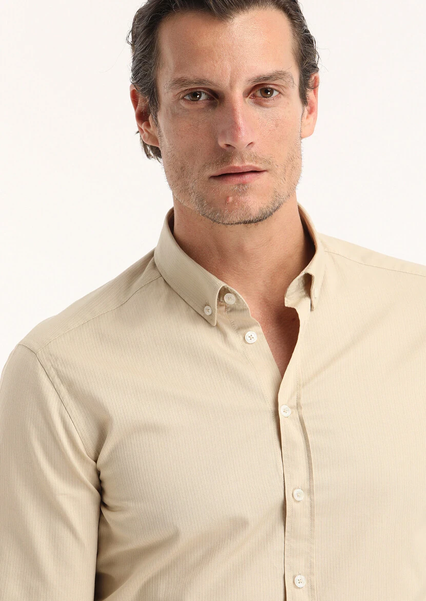 Beige Ribbed Regular Fit Weaving Casual 100% Cotton Shirt - 3