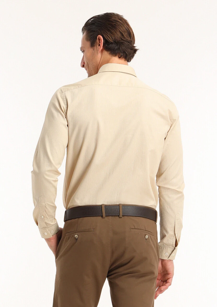 Beige Ribbed Regular Fit Weaving Casual 100% Cotton Shirt - 4